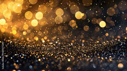 A dazzling display of golden bokeh lights and shimmering particles against a dark backdrop scene