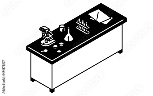 理科室の実験机と顕微鏡や試験管のシンプルでかわいいアイソメトリック線画イラスト