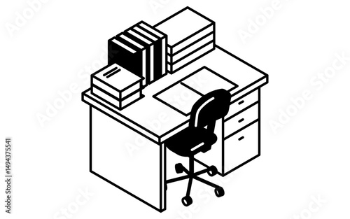 本の並んだ学習机のシンプルでかわいいアイソメトリック線画イラスト