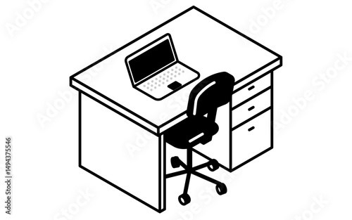 ノートパソコンだけが置かれた整理された机のシンプルでかわいいアイソメトリック線画イラスト
