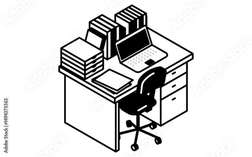 ノートパソコンと書類や資料であふれた机のシンプルでかわいいアイソメトリック線画イラスト