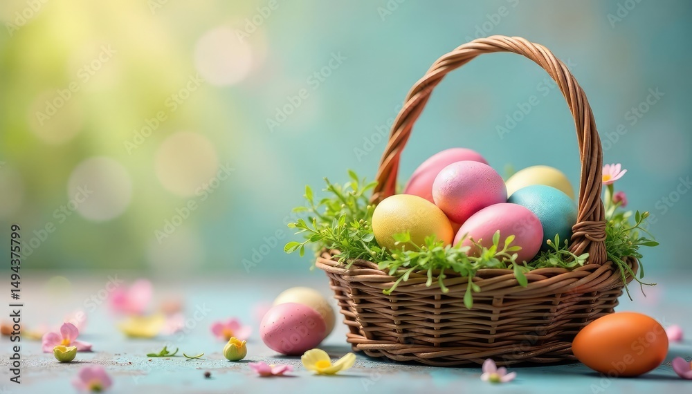 Naklejka premium Colorful Easter eggs in a basket, springtime decoration , colorful, symbol, springtime