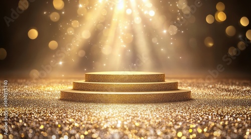 A three-tiered gold podium bathed in warm light, sits on a glittering surface, accentuated by bokeh and light rays