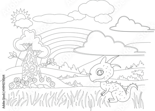 Cute Baby Dragon Coloring Page, Black and white outline illustration of a cute baby dragon sitting in a whimsical landscape with a tree, flowers, rainbow, sun, and clouds. Ideal as a coloring page 
