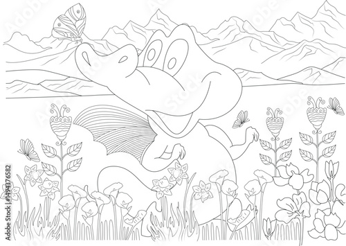 Cute Baby Dragon Coloring Page, Black and white line art illustration of a cute cartoon baby dragon sitting happily in a field of flowers, surrounded by butterflies, with mountains in the 