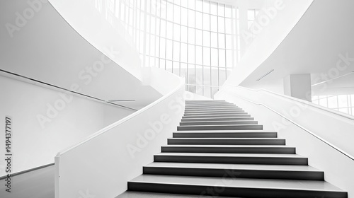 Ascending stairs of modern building, monochrome with curved walls and natural light