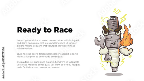 spark plug mascotholding wrench and fire for setting concept. spark plug mascot illustration with custom copy space  in screen size for web or presentation template vector illustration. 