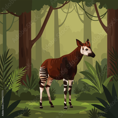 Okapi Standing in Forest Illustration Featuring Lush Green Vegetation