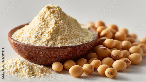 Soy protein powder with golden soybeans on side creates nutritious scene