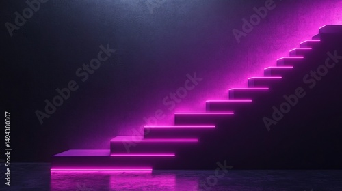 Abstract Illuminated Staircase with Neon Purple Lights Against Dark Wall