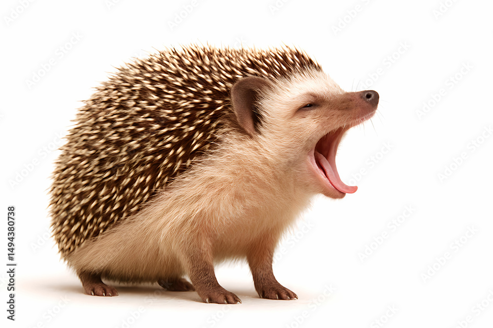 Obraz premium Yawning Hedgehog on White Background – Cute Animal Close-Up Photo