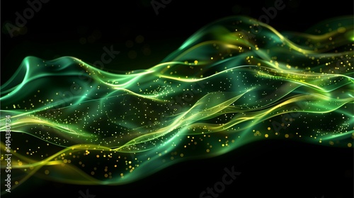 Abstract green and gold waves flowing on a black background, creating a dynamic and elegant visual experience. The wavy lines are reminiscent of energy or a flowing substance.