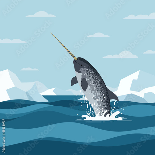 Narwhal Jumping From Ocean Water Near Icebergs in Arctic Scene