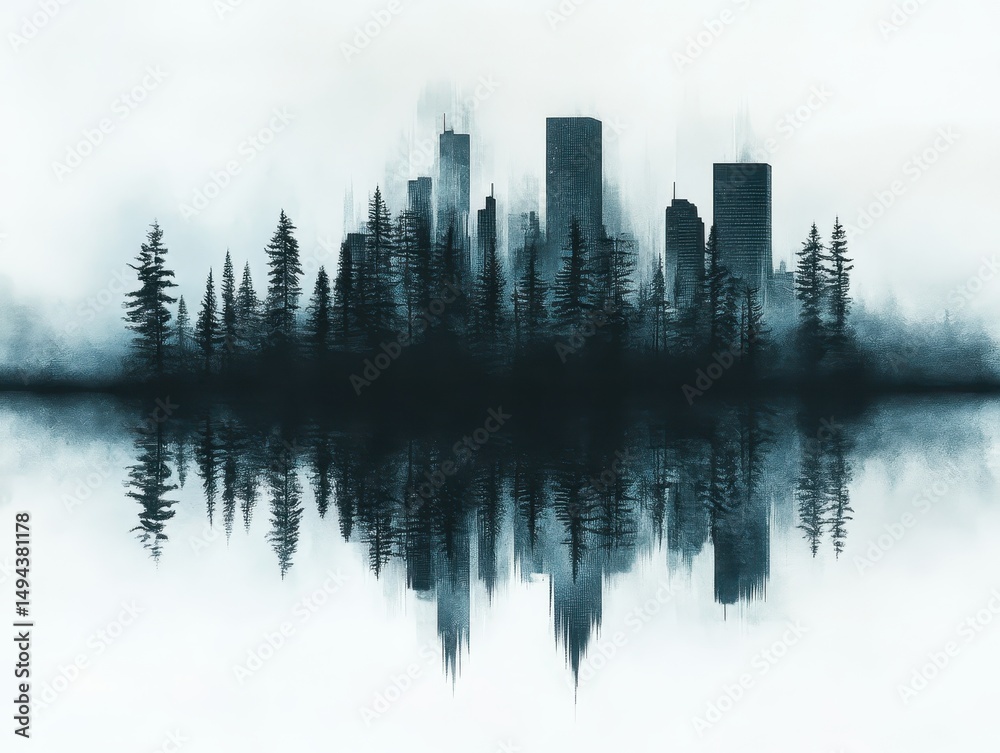 Obraz premium A cityscape merging with forests, symbolizing harmony, futuristic, double exposure, urban backdrop