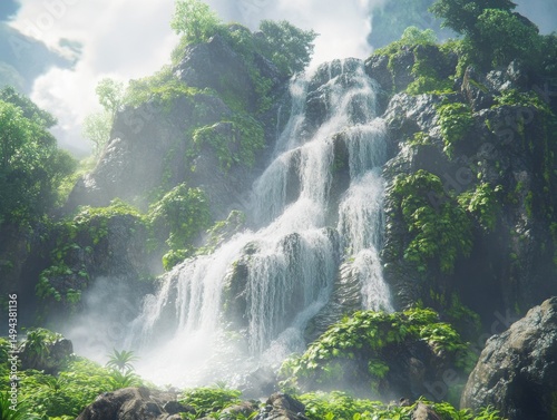 Majestic waterfall cascading through lush greenery in a tropical paradise during daylight