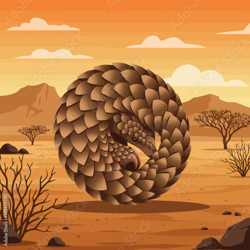 Pangolin Rolling in African Desert Landscape Illustration at Sunset