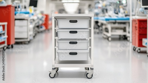 Modern Medical Cart with Drawers in Clean Hospital Environment for Healthcare Professionals and Supplies