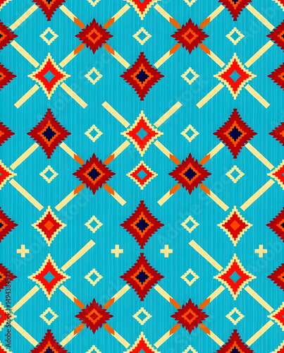 Elegant Bedouin Sadu design in azure, crimson, and beige, seamless pattern.