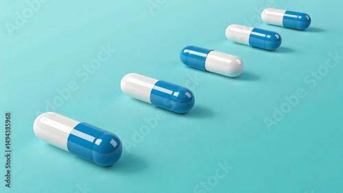 3D Render of Blue and White Capsules on Shiny Pharmaceutical Lab Floor