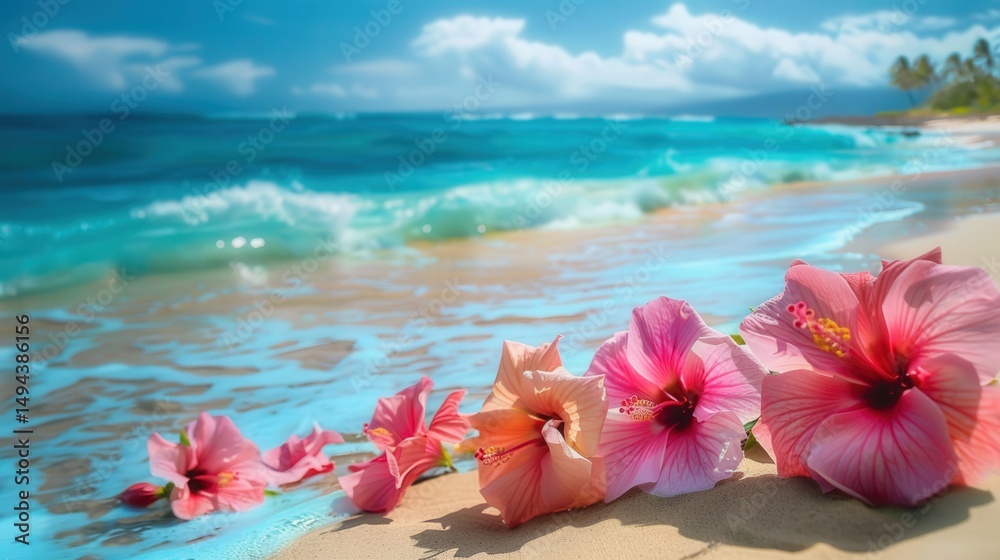 Beautiful pink hibiscus flowers on a sandy beach with the turquoise ocean in the background. Beautiful pink hibiscus flowers on a sandy beach with the turquoise ocean in the background.