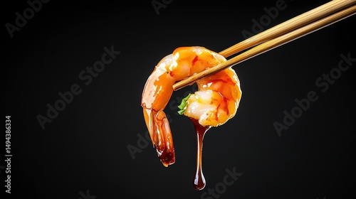 A pair of chopsticks holding up an oversized shrimp with brown sauce dripping off the top, isolated on a black background,