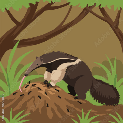 Anteater Eating Ants on Hill in Forest Graphic Illustration