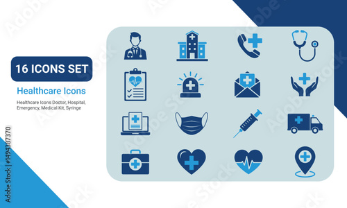 Medical or Healthcare Icons Set. Include healthcare symbols doctor, clinic, hospital,
ambulance, syringe, stethoscope, heartbeat, first aid. Healthcare Solid Icons Vector Illustration