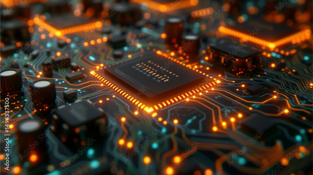 Obraz premium Close-up view of a computer microchip with glowing orange circuits on a dark green circuit board