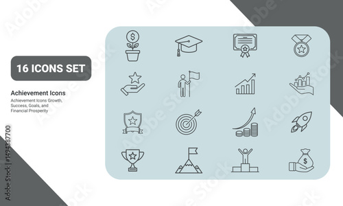 Success or Achievement Line Icons Set. Include growth, achievement, financial gain,
Financial Triumph, and goal attainment. Achievement Line icons, flat icons set