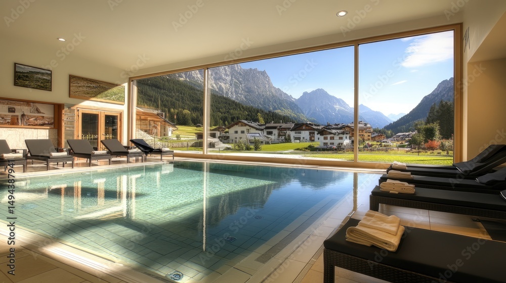 Fototapeta premium Panoramic mountain view indoor swimming pool area.