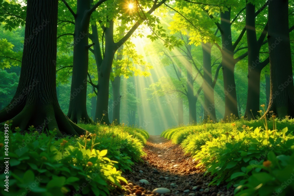 Naklejka premium Sunlight dapples forest floor, vibrant green spring foliage , growth, dappled