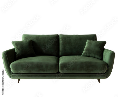 A luxurious green velvet sofa with pillows, ideal for modern living spaces with dark backgrounds.