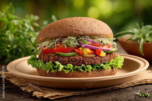 Gourmet vegetarian burger with fresh vegetables on a rustic wooden table surrounded by greenery and natural light
