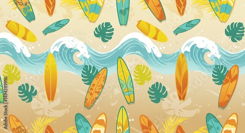 Summer Surf Seamless Pattern: Beach Vibes, Surfboards and Waves