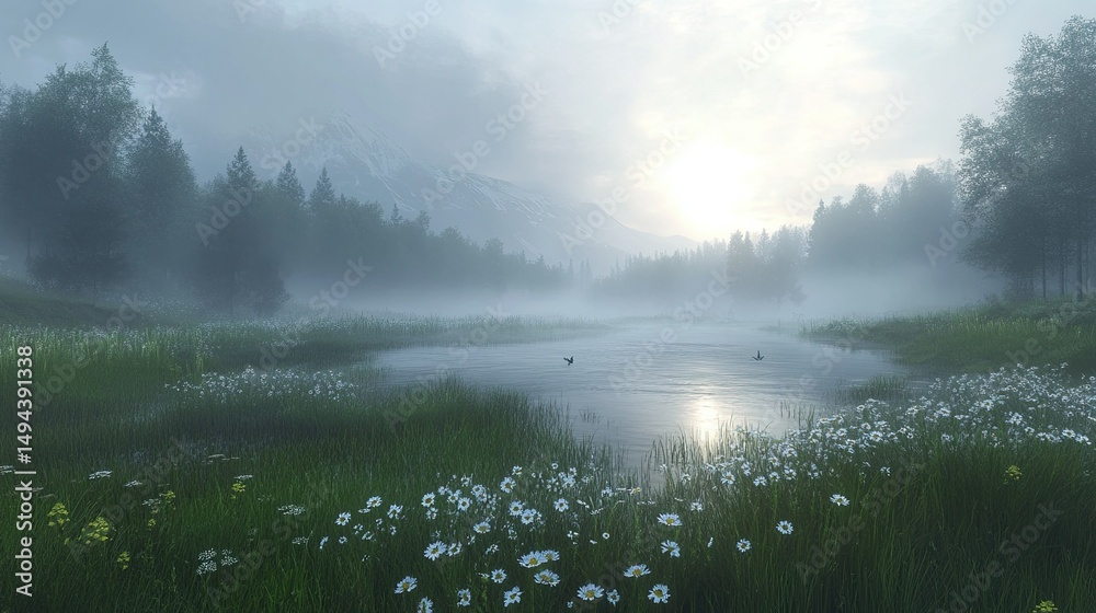 Fototapeta premium Misty morning lake scene with daisies in foreground and trees in background under a cloudy sky
