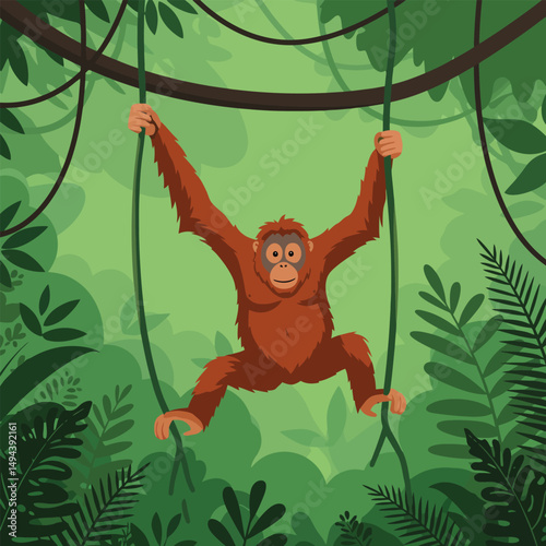 Orangutan Hanging From Vines in Dense Green Jungle Illustration