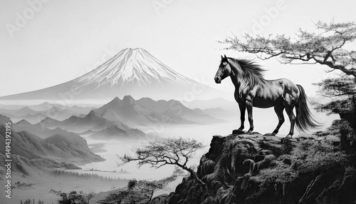 富士山と絶壁に立つ馬,Generative AI,AI画像