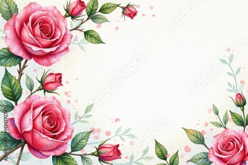 Intricate watercolor roses & leaves, soft hues, illustration, fabric