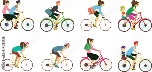 Cyclists riding bike set vector bundle file.