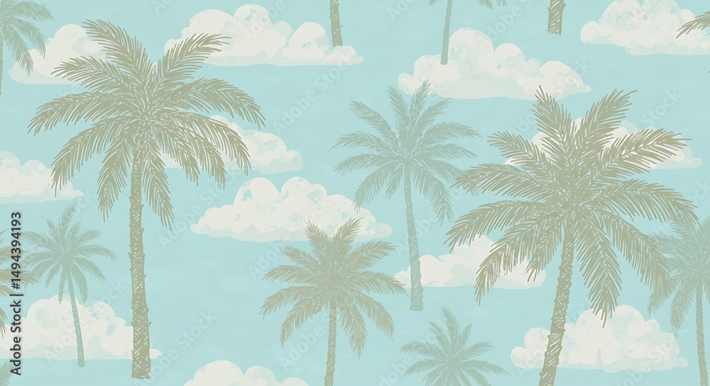 Obraz premium Seamless Tropical Palm Tree and Cloud Pattern - Vintage Pastel Teal