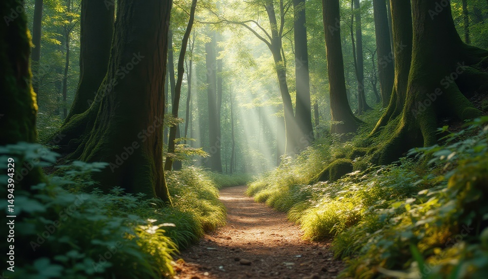 Obraz premium Serene Woodland Path with Sunbeams Illuminating Lush Greenery and Moss-Covered Trees