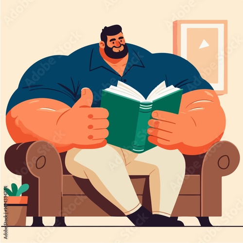 A vector of a large-bodied man sitting relaxed on a sofa while reading a book,