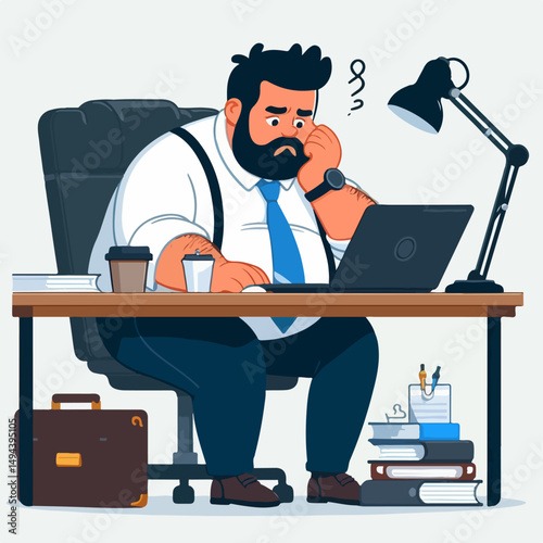 Vector image of a fat person working in an office with a laptop and coffee on the desk.