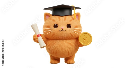 Adorable Graduate Cat Holding Diploma and Coin Education, Success, and Cute
