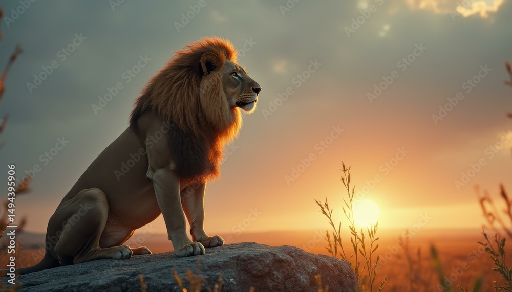 Obraz premium Majestic Lion Sits on Rock Overlooking Vast African Plains at Sunset with Golden Light and Dramatic Sky