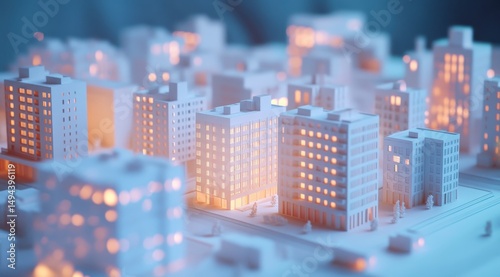 Fototapeta Naklejka Na Ścianę i Meble -  Stylized low-poly city model at night, illuminated by warm interior lights, showcasing simplified architecture and street layout