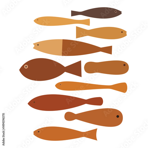 Set of colorful abstract fish illustrations in various shapes and shades of brown and orange