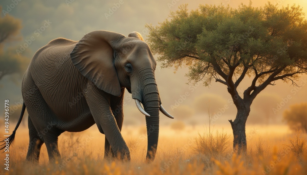 Fototapeta premium Majestic elephant walking in golden light through dry savanna landscape, with a tree in the background, artistic depiction of a wild animal