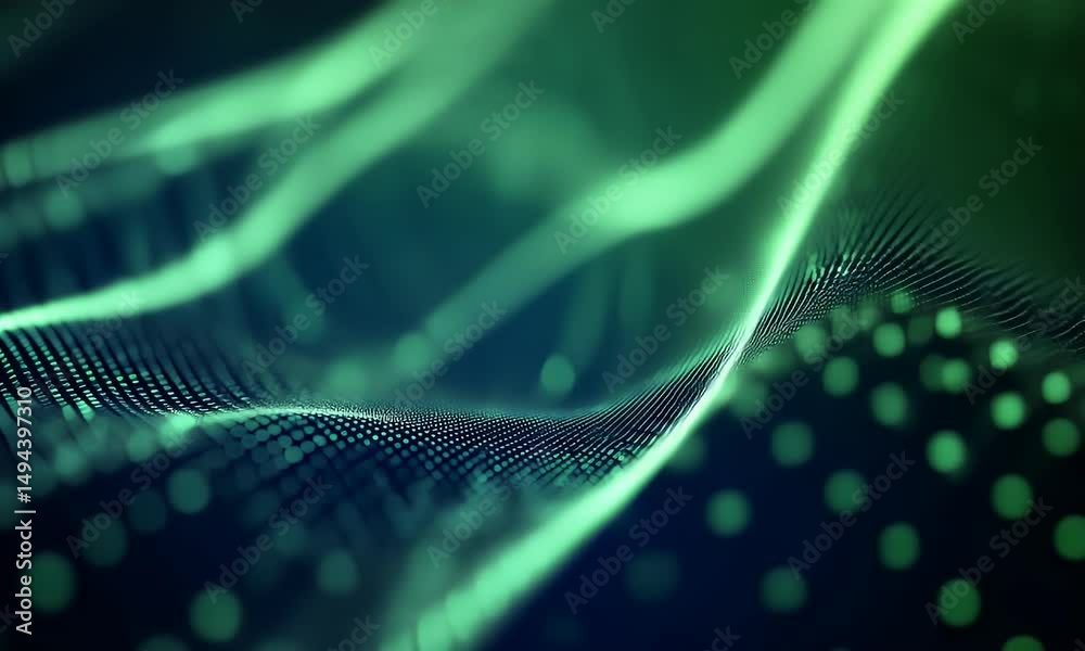  Abstract background with blue and green glowing lines, creating an atmosphere of futuristic technology or digital data flow. Abstract wave line design with bokeh effect for banner background