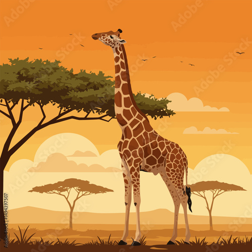 Giraffe Standing Tall in African Savannah Landscape at Sunset